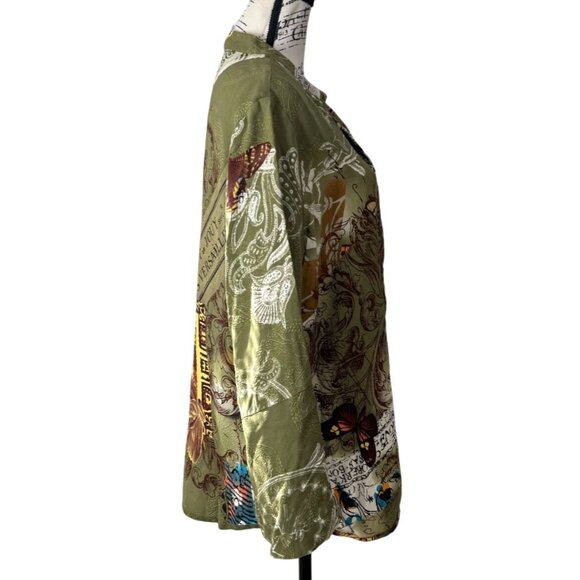 Citron Santa Monica Silk Top Button-Up Tunic Artsy Green Butterfly Women Size 1X - Picture 2 of 8